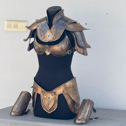 Detailed view of pauldrons and gorget on Queen of the Elven lady armor polished steel suit
