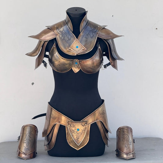 Front view of Queen of the Elven polished steel medieval lady armor suit for cosplay and reenactment