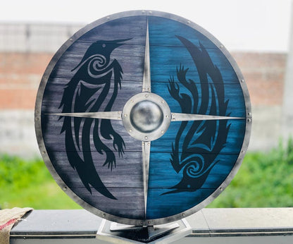 Raven Wooden Shield – Viking Valhalla Raven Shield with Crow Design for Norse Warrior Decor