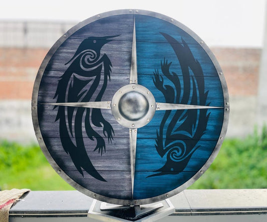 Raven Wooden Shield – Viking Valhalla Raven Shield with Crow Design for Norse Warrior Decor