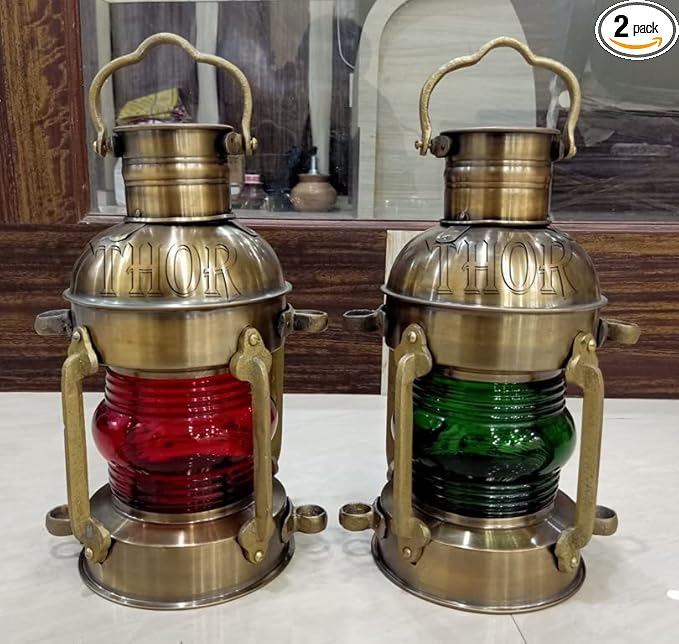 Red & Green Glass Oil Lantern Antique Finish Nautical Maritime Ship Lantern set
