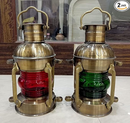Red & Green Glass Oil Lantern Antique Finish Nautical Maritime Ship Lantern set