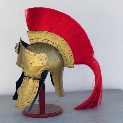 Close-up of red plume on Roman helmet used for cosplay and historical armor collection