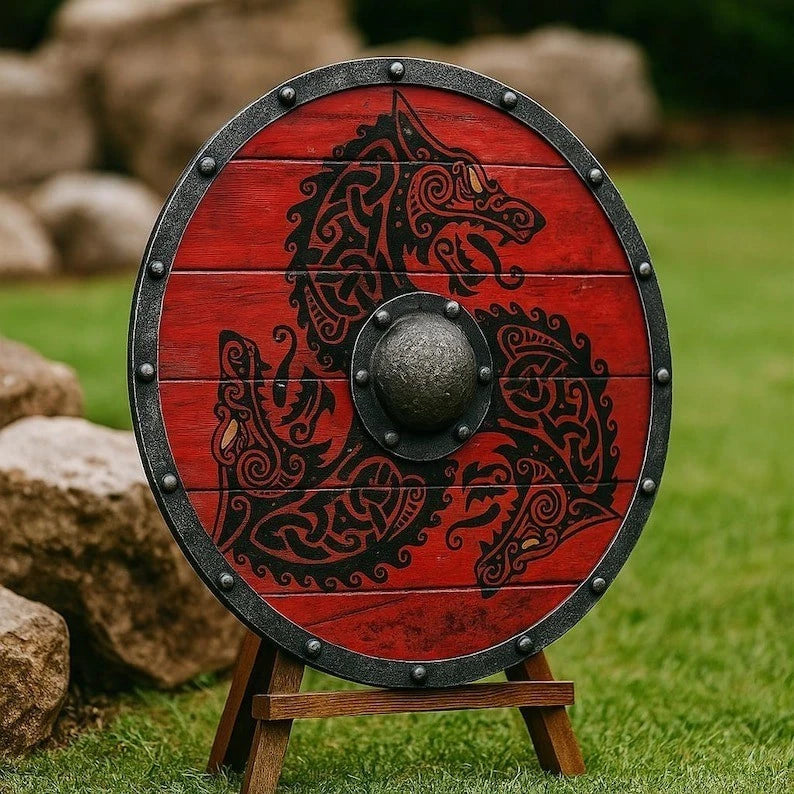 Red Viking shield for LARP, cosplay, Halloween costumes, and Viking collectible displays