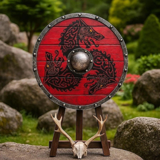 Red Viking Shield with Triple Black Dragon featuring steel rim and steel boss in authentic Norse style