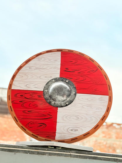 Red and White Viking Round Shield – 30 Inch Wooden Shield for Cosplay and Reenactments