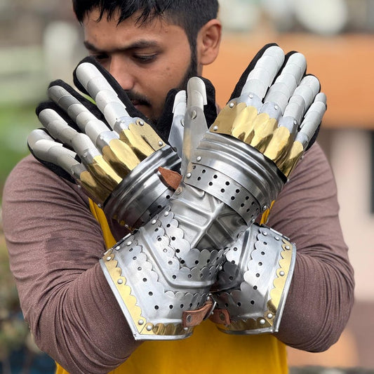 Regal Claw Medieval Knight Gauntlets handcrafted silver and gold steel armor gloves front view