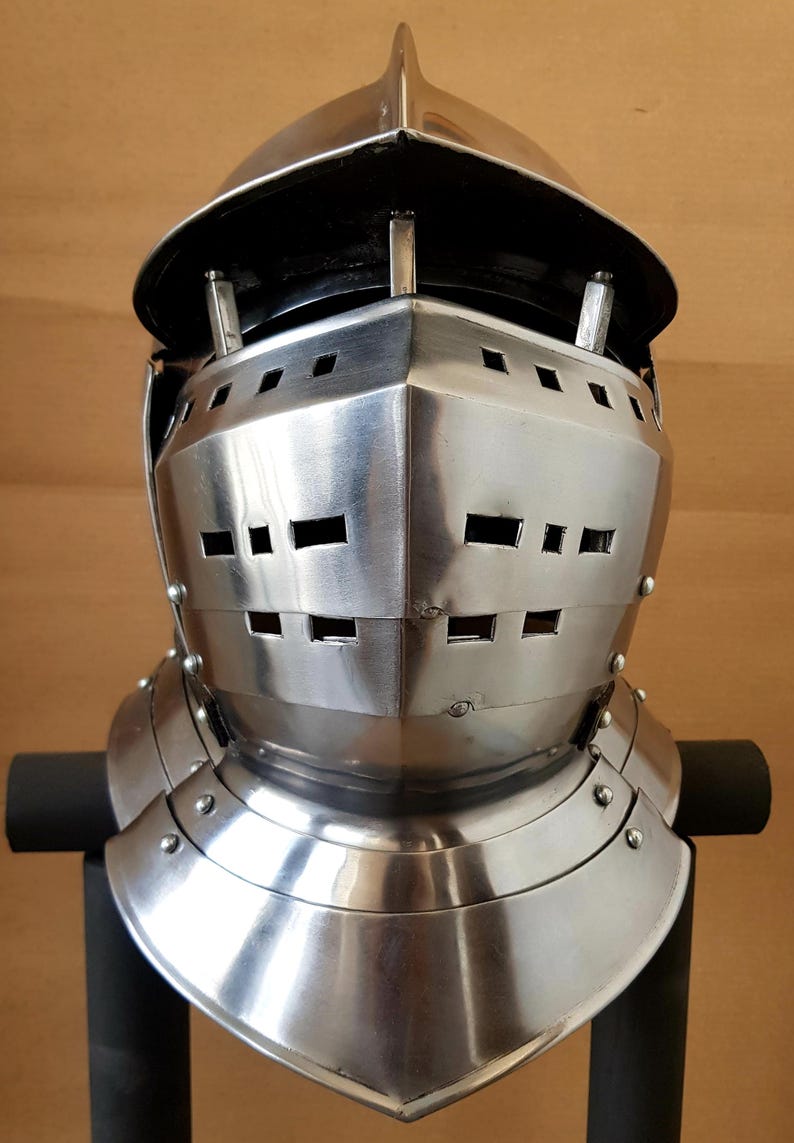 Gothic Knight helmet worn at Renaissance fair for cosplay and roleplay events