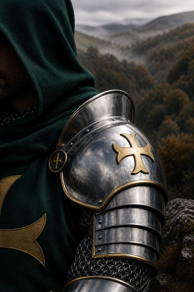 Green Knight Crusader Armor Set for Renaissance fairs, medieval reenactment events, fantasy roleplay, and historical costume displays.