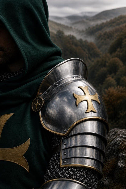 Green Knight Crusader Armor Set for Renaissance fairs, medieval reenactment events, fantasy roleplay, and historical costume displays.