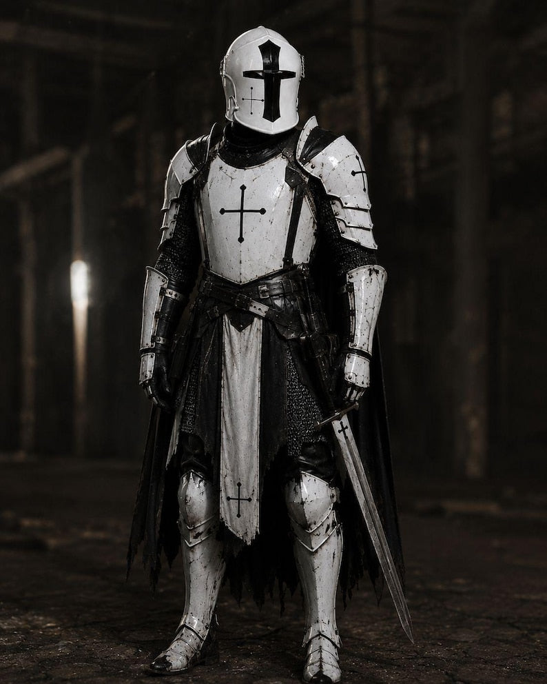 Medieval Barbuta Armor worn as a Renaissance Fair knight armor and LARP costume with authentic crusader styling