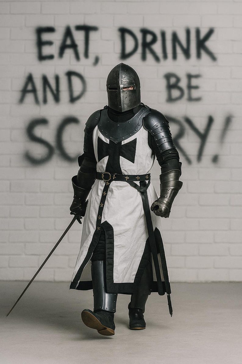 Renaissance fair knight armor set complete with flowing Templar cloak and red cross emblem