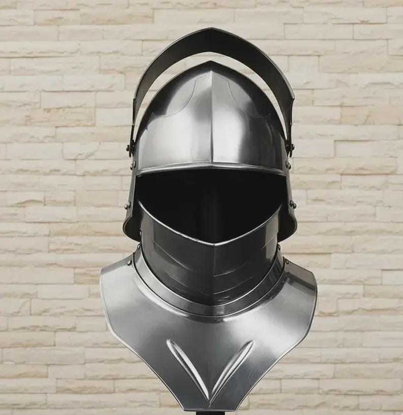 Renaissance fair knight sallet helmet with gorget armor for costume and LARP