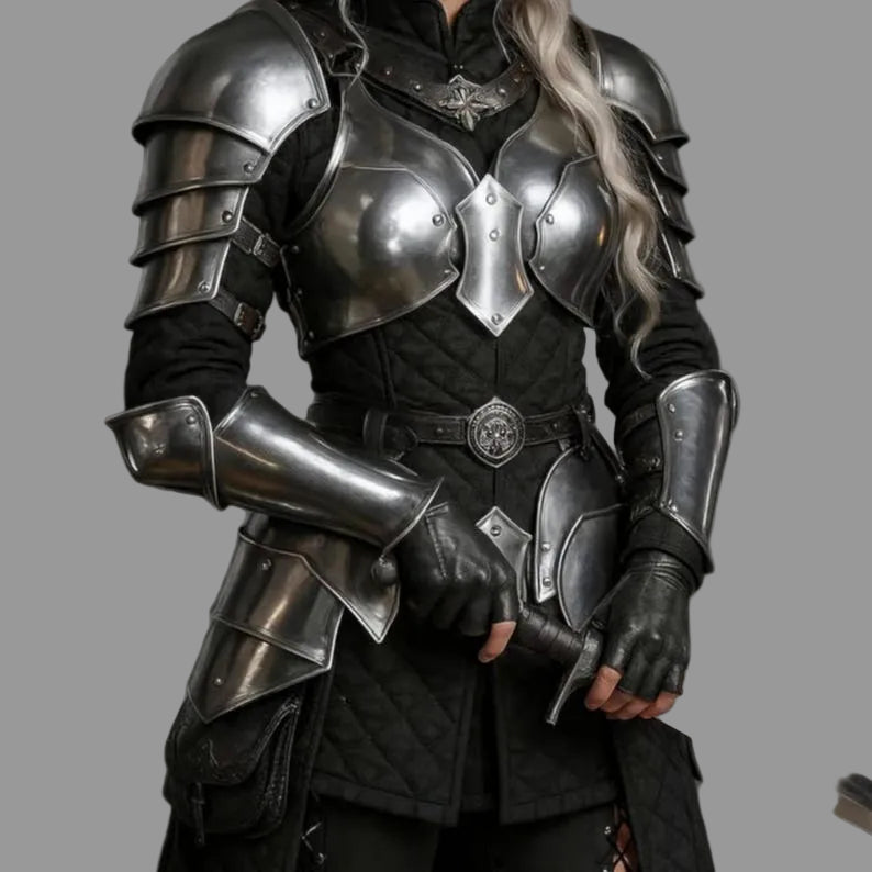 Renaissance Faire Female Knight Costume with complete steel armor set and gambeson