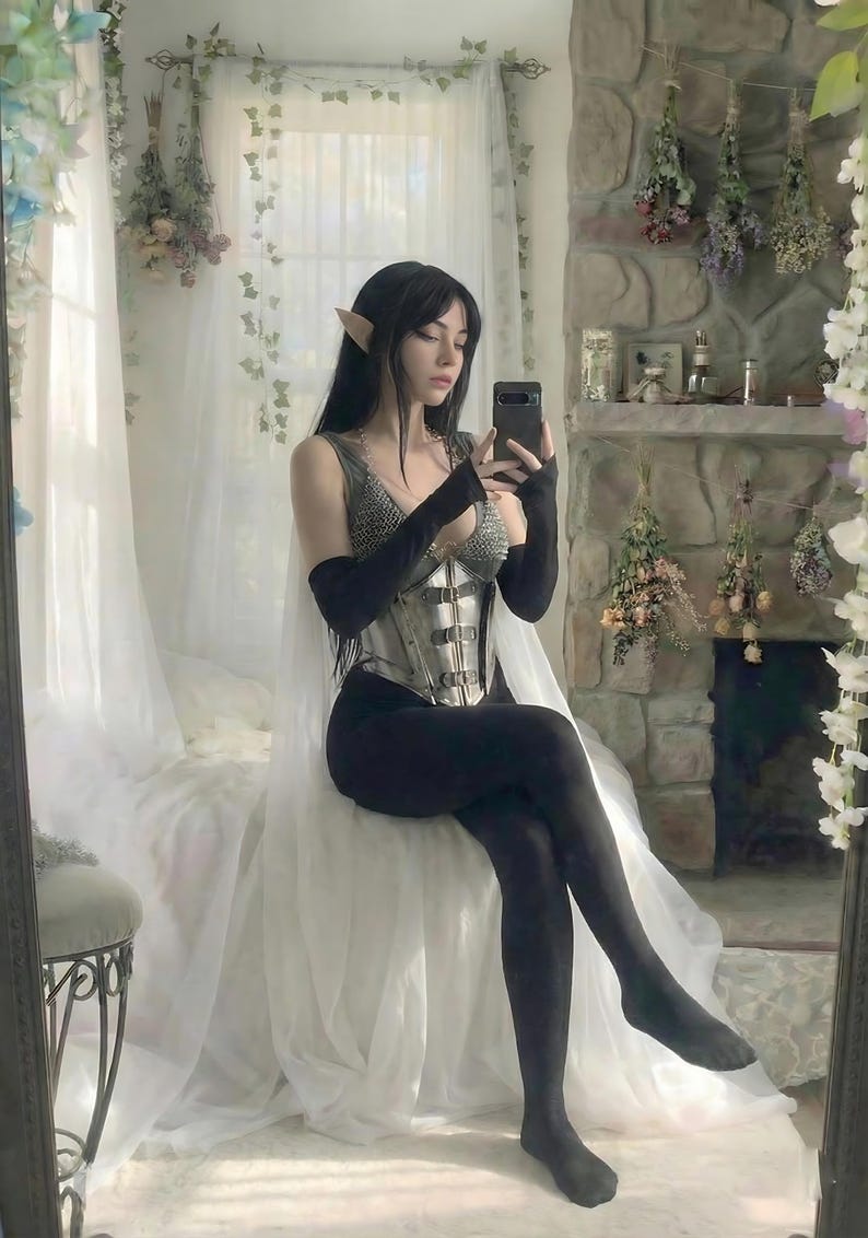 Renaissance Faire and LARP fantasy armor for women, chainmail bra and steel corset female knight cosplay