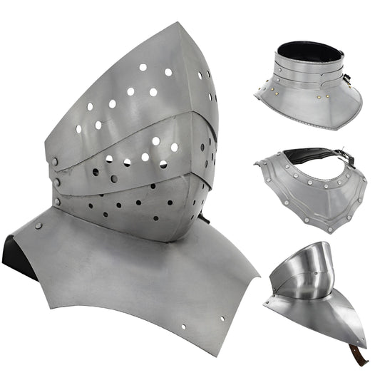 Front View of Renaissance Gothic Steel Gorget Neck Armor with Leather Straps – Artisans Hub

