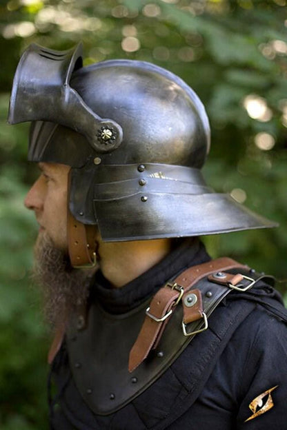 Reproduction Sallet helmet displayed on a wooden stand – ideal gift item