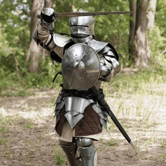 Front view of the Rikomer Steel Full Body Armor Suit with helmet, chestplate, and tassets, showcasing full medieval detailing.