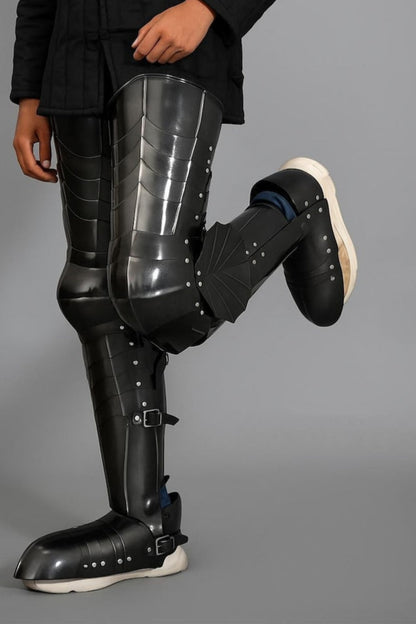 Side profile of Ringwraith Leg Armor Set showing adjustable leather straps
