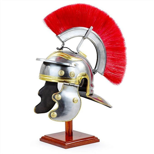Front view of handmade Roman Centurion Helmet with red crest in Gallic style

