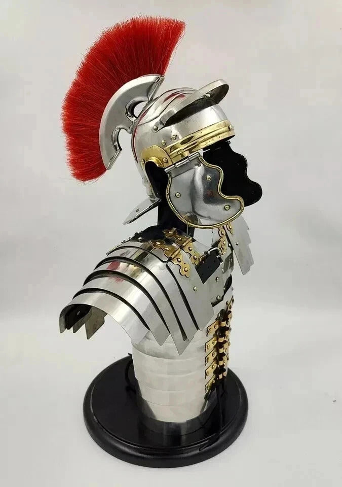 Roman legionary steel armor with attached Centurion helmet ideal for LARP, cosplay, museums, and historical collectors