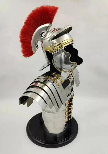 Roman legionary steel armor with attached Centurion helmet ideal for LARP, cosplay, museums, and historical collectors
