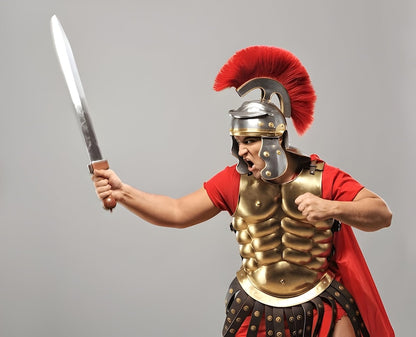 Roman warrior LARP costume wearing muscle cuirass and centurion helmet