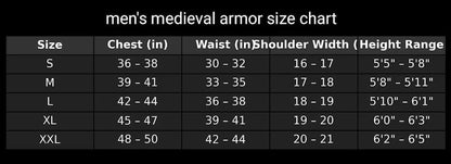 Royal Crusader Knight Full Armor Set size chart for custom fitting and measurements