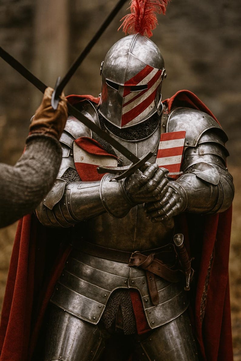 Royal Crusader Knight Full Armor Set – Front View Showing Full Medieval Barbuta Suit