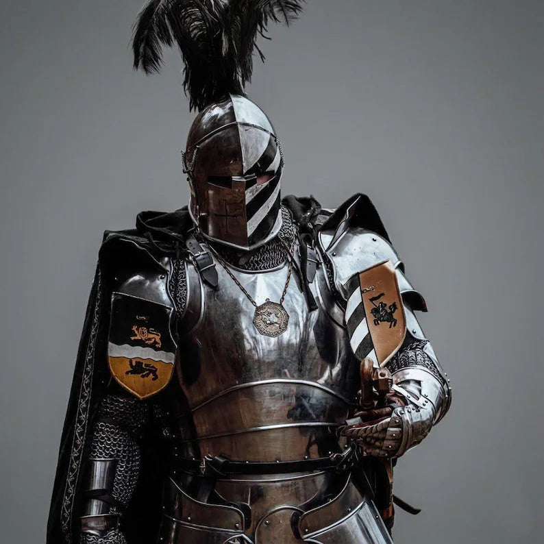 Royal Crusader Knight Full Armor Set in mild steel with medieval black Barbuta helmet for LARP cosplay