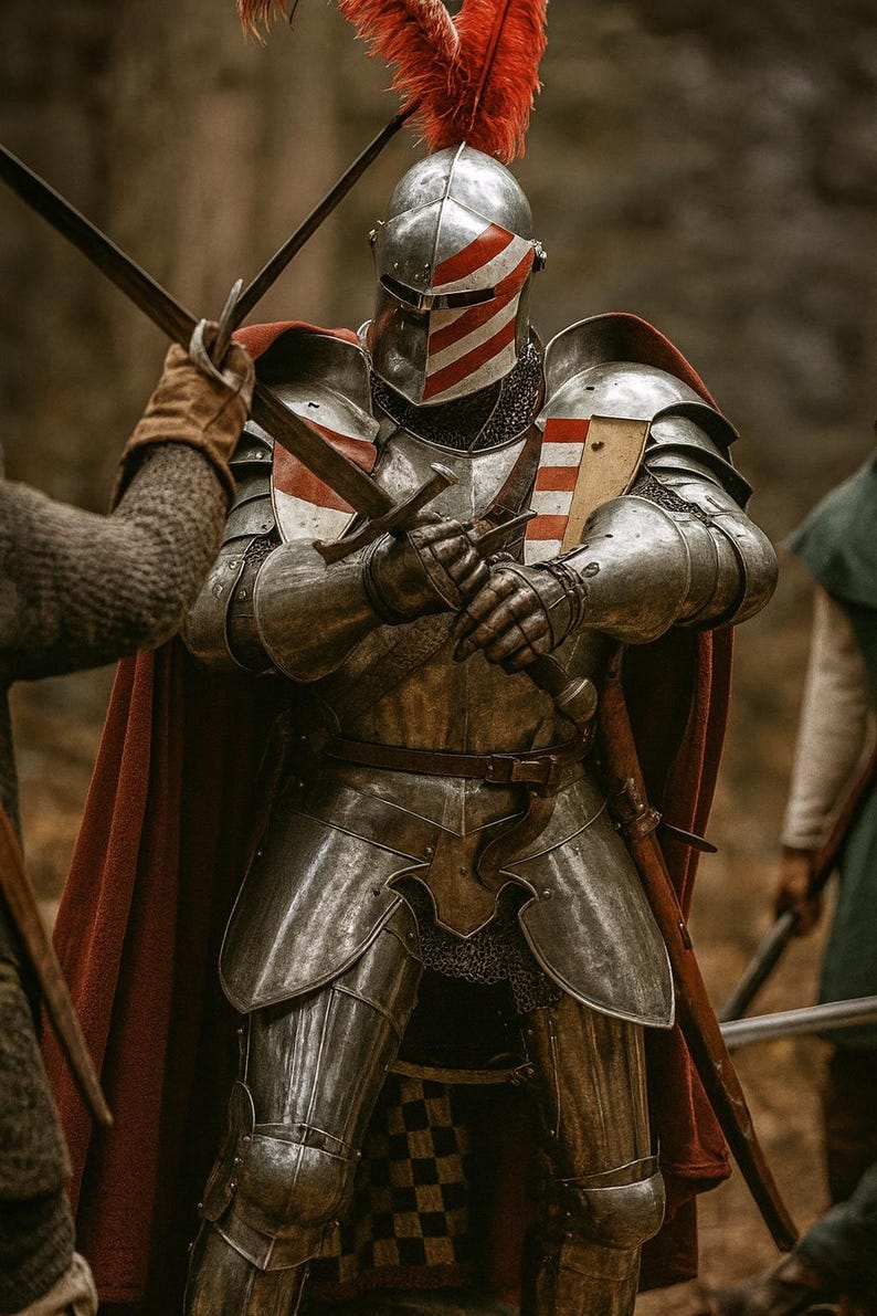 LARP Action Pose Wearing Royal Crusader Knight Full Armor Set – Mild Steel Barbuta and Accessories