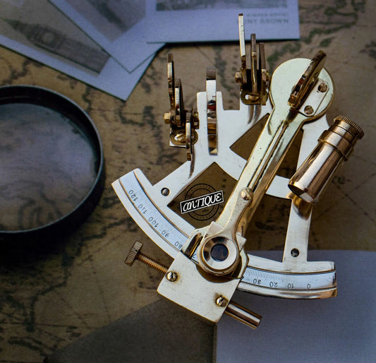 Vintage-style brass sextant on a world map with 'Outlit' branding.
