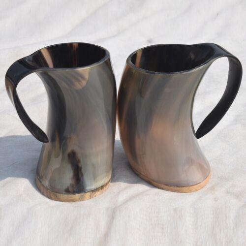 Artisans Hub Handmade Viking Drinking Horn Beer Mug Tankard with Hardwood Bottom – Set of 2