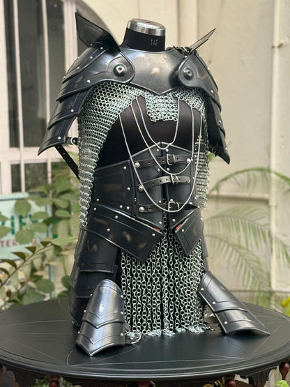 SCA reenactment armor with adjustable leather straps on black cuirass for women
