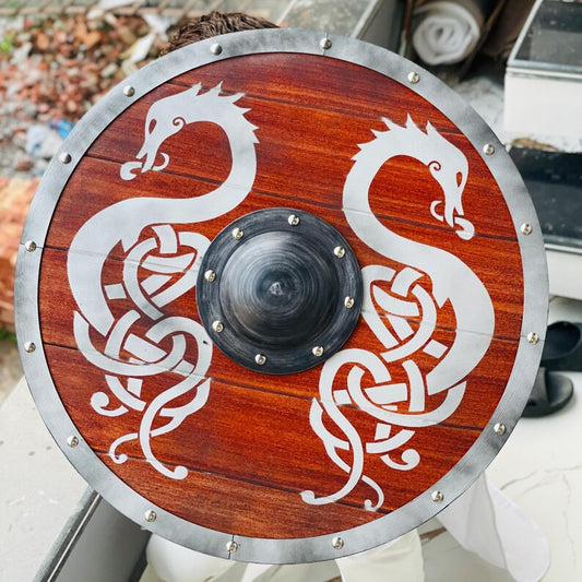 Serpent Wooden Shield with Twin Dragon Design – Viking Round Shield for LARP and Cosplay