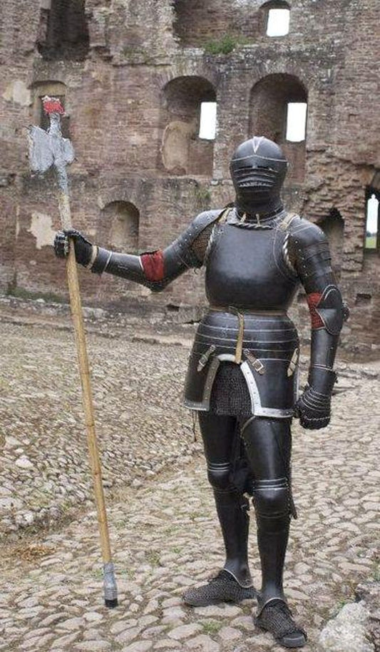 Front view of Shadow Knight Gothic Full Plate Armor with black antique steel and full body coverage

