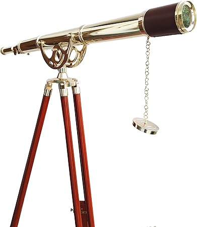 Shiny Brass Vintage Telescope with Wooden Stand for Nautical Decor