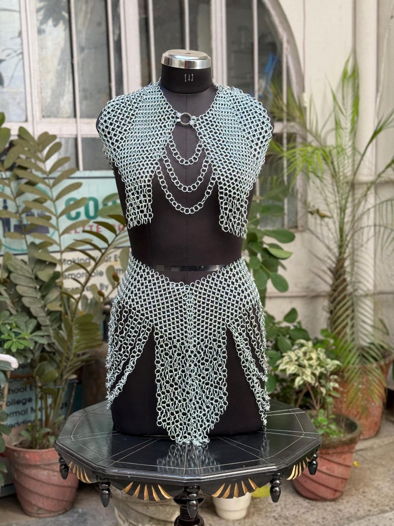 Silver chainmail halter top from Legendary Valkyrie Chainmail Set, perfect for cosplay and warrior chic fashion