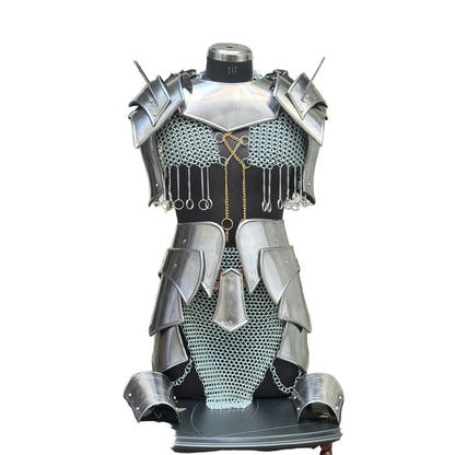 Close-up of silver chainmail pauldrons from the Mythic Valkyrie Warplate – detailed LARP armor for fantasy festivals
