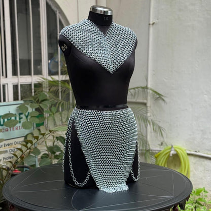Silver chainmail top designed for curvy body types, ideal for cosplay events and edgy fashion outfits