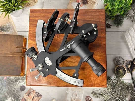 Solid aluminium Tamaya sextant with black finish as a working nautical instrument

