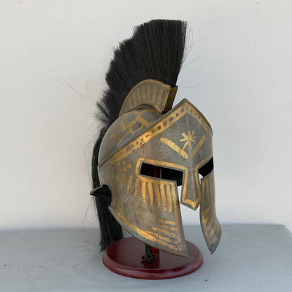 Front view of Spartan King Leonidas Helmet Replica – handmade Greek armor for cosplay and display