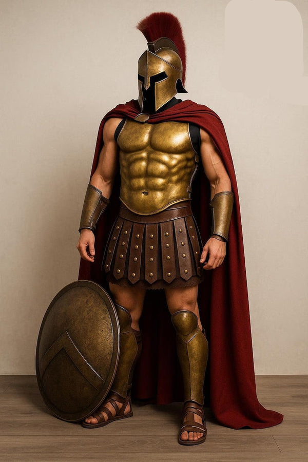 Front view of Spartan Leonidas Full Body Armor Set with bronze finish