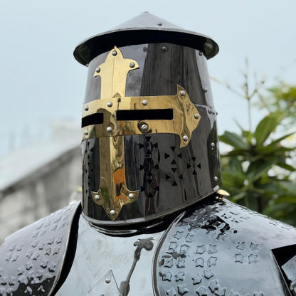Close-Up of Mirror-Finish Stainless Steel Black Crusader Knight Armor Detailing