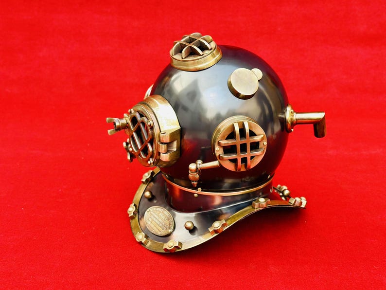 Side angle of nautical steel and aluminum diving helmet for maritime decoration