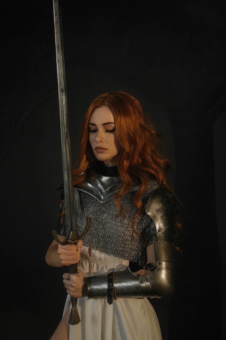 Steel arm bracer included in Medieval Women's Steel Armor Set for cosplay and fantasy events