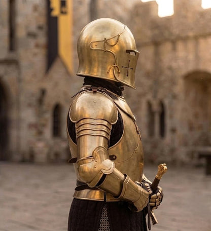 Full body Medieval Knight Armor with Barbuta helmet for cosplay, Renaissance Faire, and fantasy events