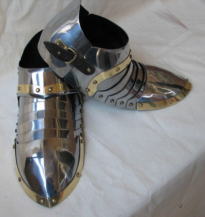 Bottom view of steel brass sabatons featuring genuine leather straps for secure fit

