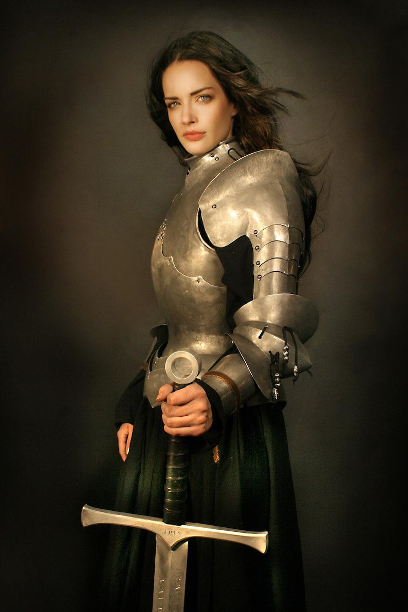 Close-up of steel breastplate and backplate in Handmade Steel Women’s Armor