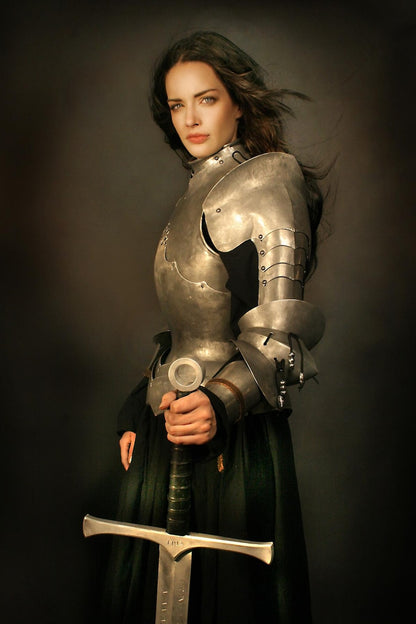 Close-up of steel breastplate and backplate in Handmade Steel Women’s Armor